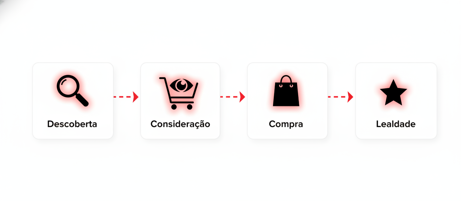 Infográfico horizontal minimalista com fundo branco, mostrando a jornada de compra em e-commerce de moda: Descoberta, Consideração, Compra e Lealdade, com ícones e texto em