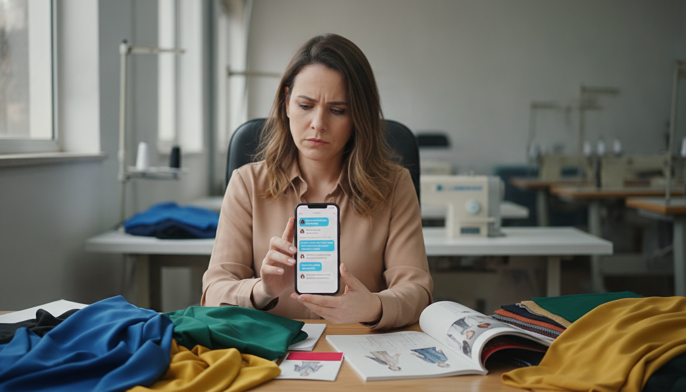 Empresária de moda atacadista pensativa, revisando mensagens de clientes sobre preço em seu celular, em um escritório com tecidos.