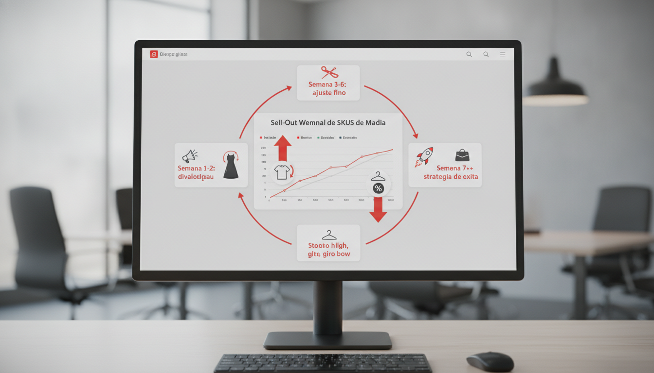 Infográfico mostra o ciclo de reprecificação de coleção de moda: sell-out semanal, ajustes de preço e estratégia de saída por semana.